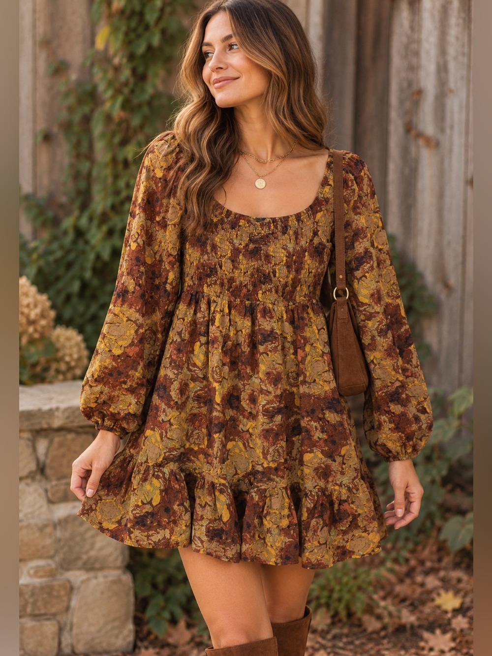 Oak & Trellis Size L Brown Floral Smocked Boho Cottagecore Mini Dress Fall